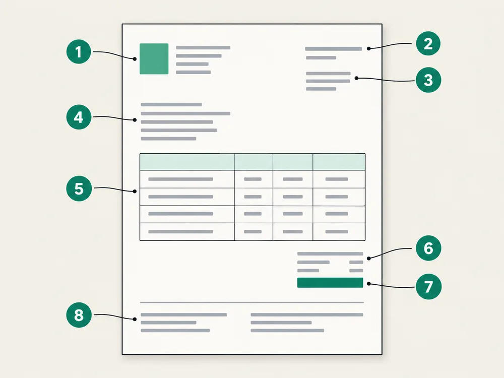 Diagram of an invoice with eight numbered areas: seller details, invoice number, dates, bill-to client, line items, subtotal and tax, total due, and payment details