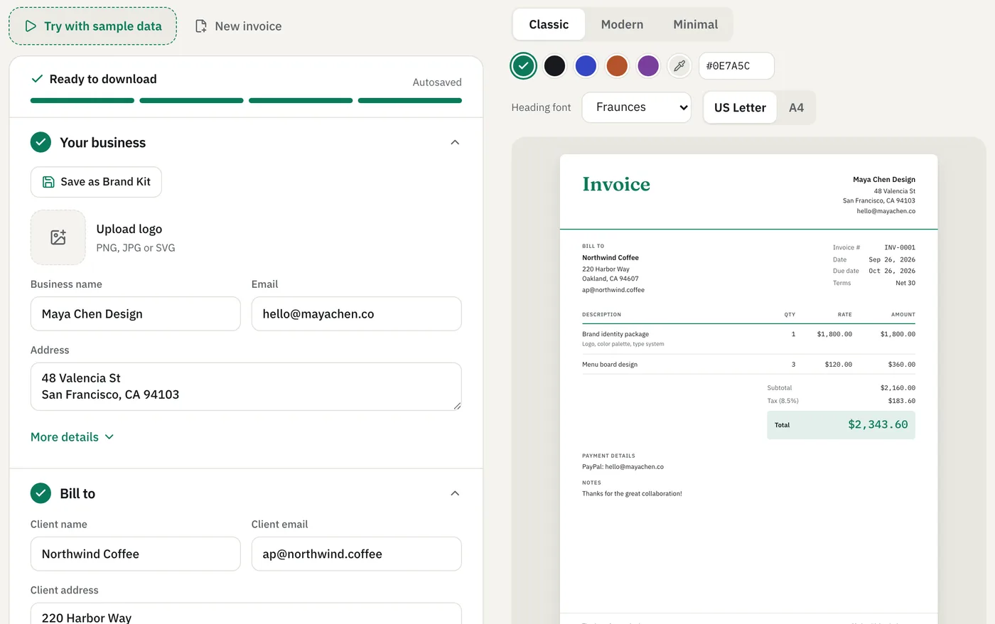 The Invoiceize editor with sample data: the form on the left and the live invoice preview on the right