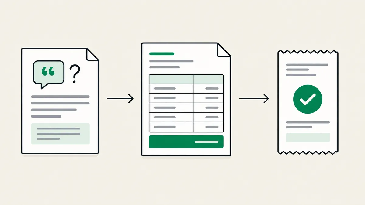 Three documents in sequence: a quote, then an invoice with a highlighted total, then a receipt with a check mark
